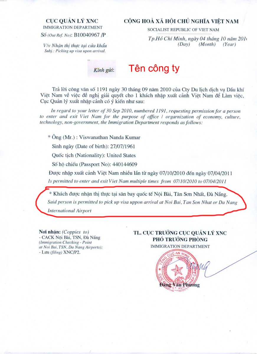 Công văn nhập cảnh Việt Nam cho người nước ngoài